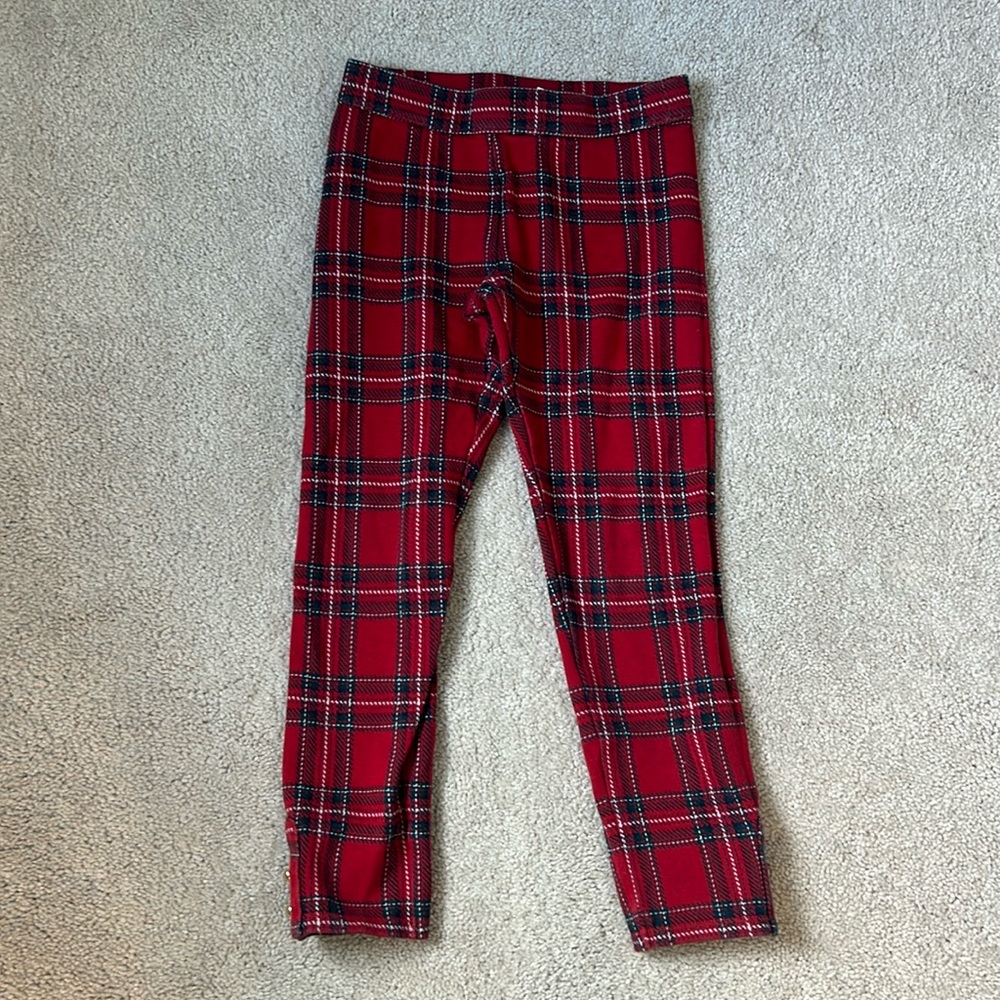 Girls tartan plaid leggings with gold button detail at ankles